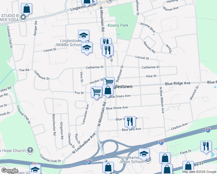 map of restaurants, bars, coffee shops, grocery stores, and more near 707 North Mountain Road in Linglestown