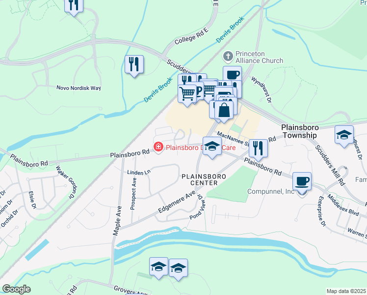 map of restaurants, bars, coffee shops, grocery stores, and more near 434 Plainsboro Road in Plainsboro Center