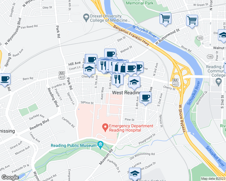 map of restaurants, bars, coffee shops, grocery stores, and more near in West Reading