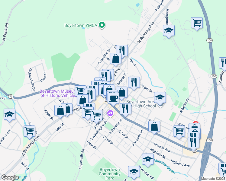 map of restaurants, bars, coffee shops, grocery stores, and more near 29 East 4th Street in Boyertown
