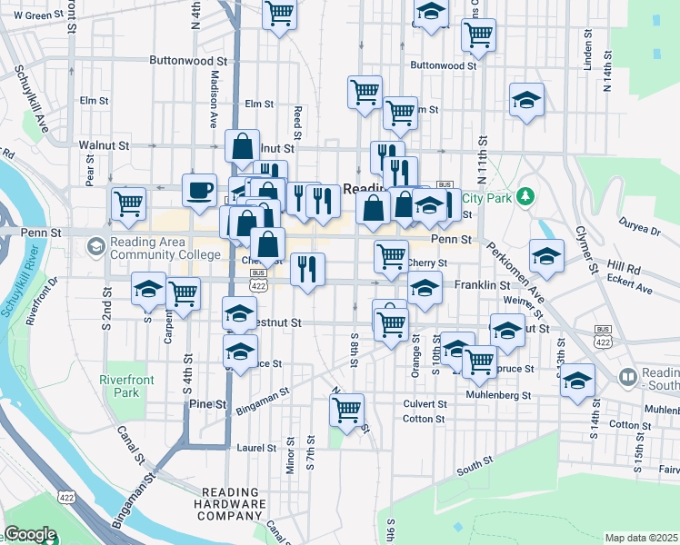 map of restaurants, bars, coffee shops, grocery stores, and more near 738 Franklin Street in Reading
