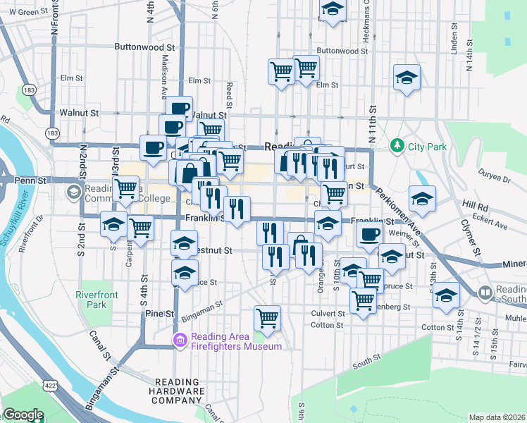map of restaurants, bars, coffee shops, grocery stores, and more near 738 Franklin Street in Reading