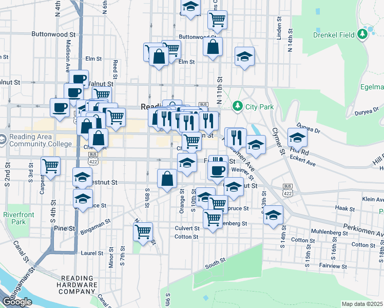 map of restaurants, bars, coffee shops, grocery stores, and more near 40 South 10th Street in Reading