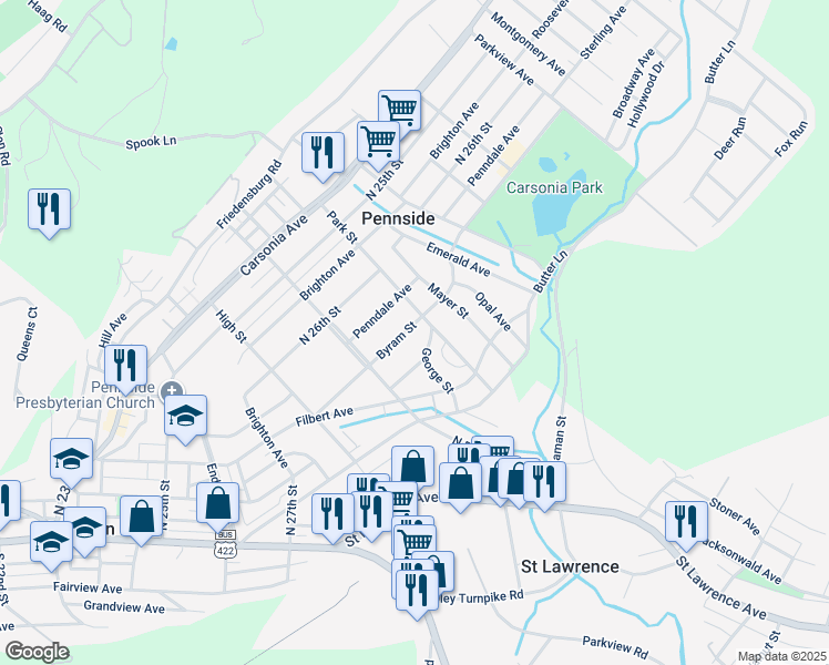 map of restaurants, bars, coffee shops, grocery stores, and more near 619 Byram Street in Reading
