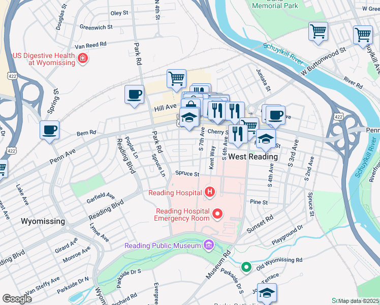 map of restaurants, bars, coffee shops, grocery stores, and more near 704 Wayne Avenue in West Reading