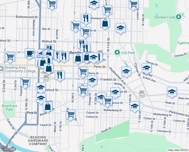 map of restaurants, bars, coffee shops, grocery stores, and more near 40 South 10th Street in Reading
