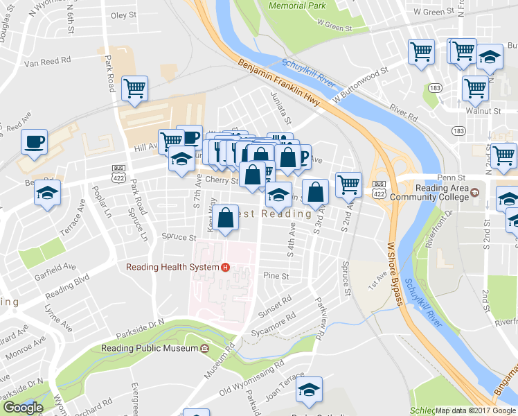 map of restaurants, bars, coffee shops, grocery stores, and more near 120 South 5th Avenue in Reading