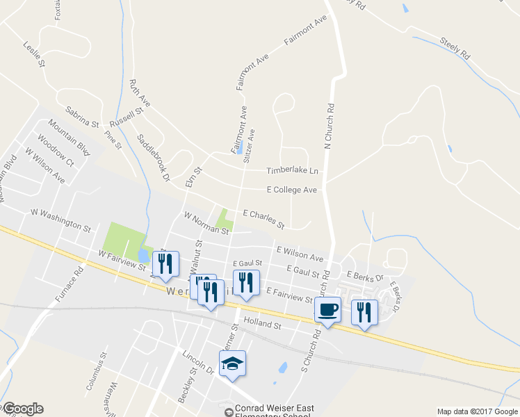 map of restaurants, bars, coffee shops, grocery stores, and more near 25 East Charles Street in Wernersville