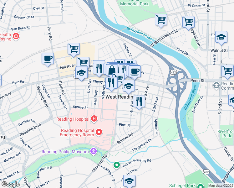 map of restaurants, bars, coffee shops, grocery stores, and more near 120 South 5th Avenue in Reading