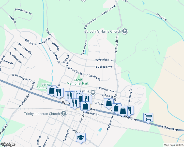 map of restaurants, bars, coffee shops, grocery stores, and more near 25 East Charles Street in Wernersville