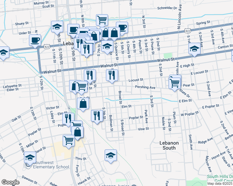 map of restaurants, bars, coffee shops, grocery stores, and more near 346 South 6th Street in Lebanon