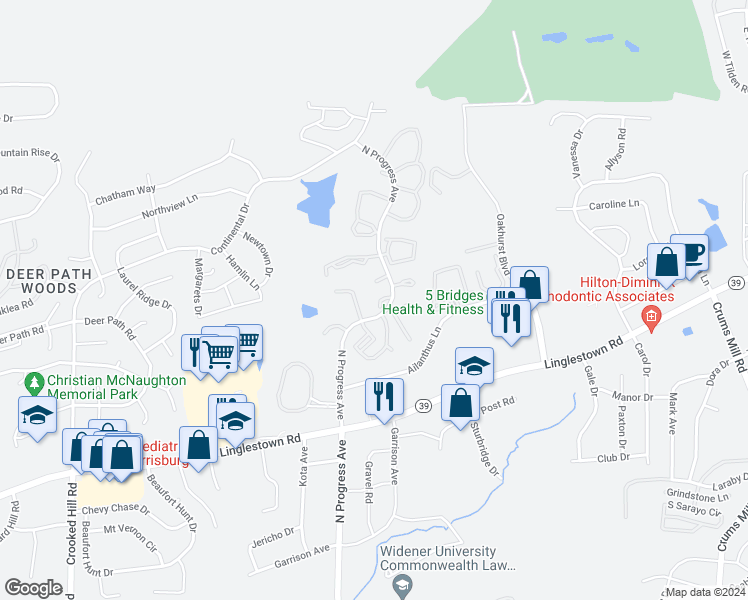 map of restaurants, bars, coffee shops, grocery stores, and more near 112 South Timber Court in Harrisburg