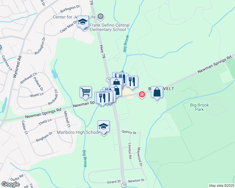 map of restaurants, bars, coffee shops, grocery stores, and more near 460 County Road 520 in Marlboro