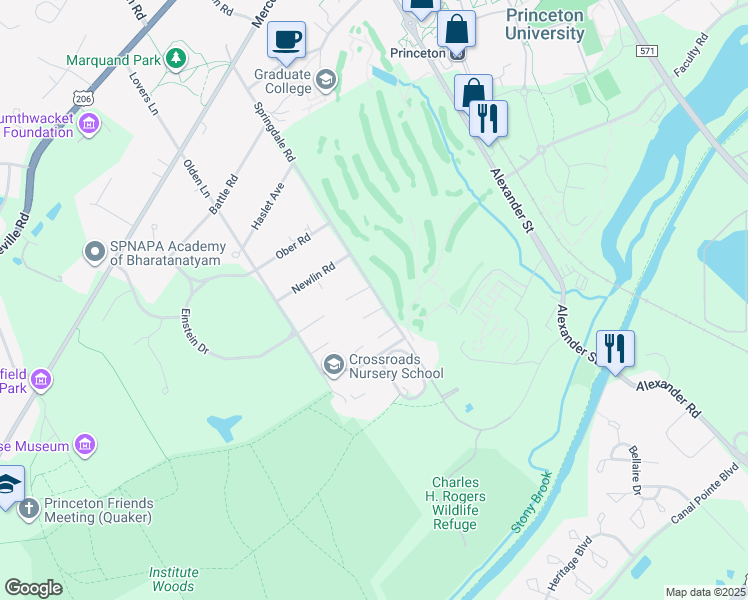 map of restaurants, bars, coffee shops, grocery stores, and more near 268 Springdale Road in Princeton