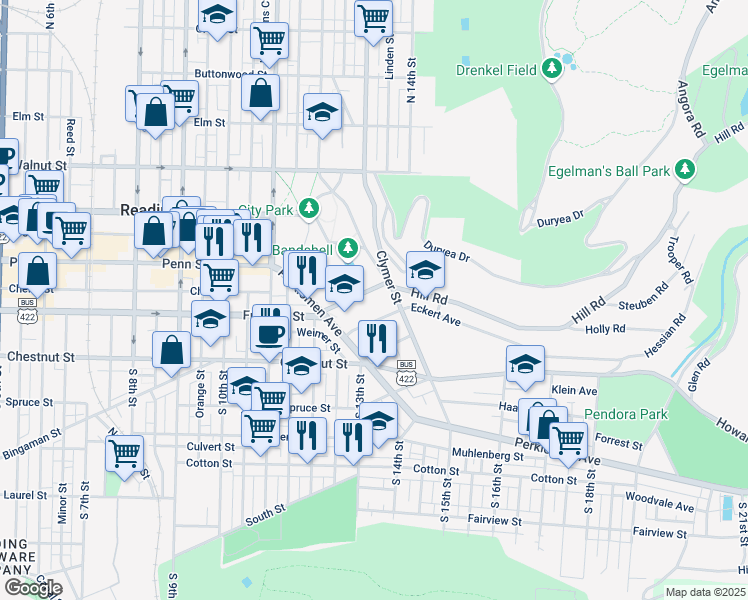 map of restaurants, bars, coffee shops, grocery stores, and more near 1215 Eckert Avenue in Reading