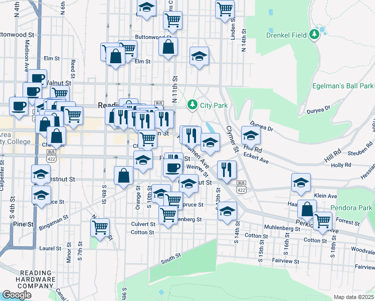 map of restaurants, bars, coffee shops, grocery stores, and more near 1135 Franklin Street in Reading