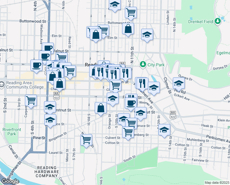 map of restaurants, bars, coffee shops, grocery stores, and more near 101 South 10th Street in Reading