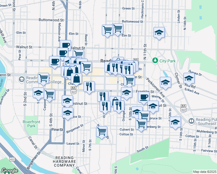 map of restaurants, bars, coffee shops, grocery stores, and more near 826 Franklin Street in Reading