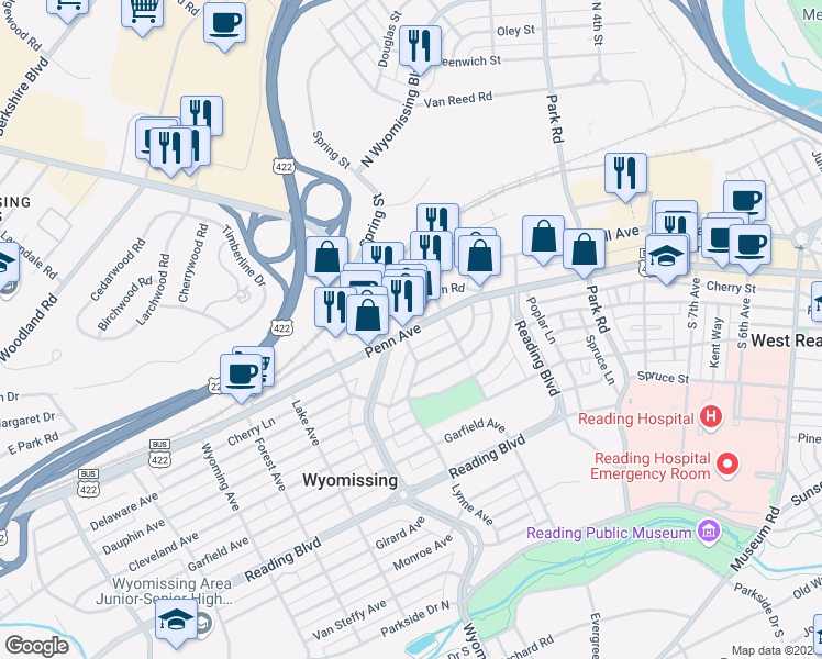 map of restaurants, bars, coffee shops, grocery stores, and more near 1136 Penn Avenue in Wyomissing