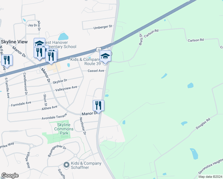 map of restaurants, bars, coffee shops, grocery stores, and more near 227 Hershey Road in Harrisburg