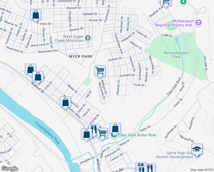 map of restaurants, bars, coffee shops, grocery stores, and more near 2718 Kansas Street in McKeesport