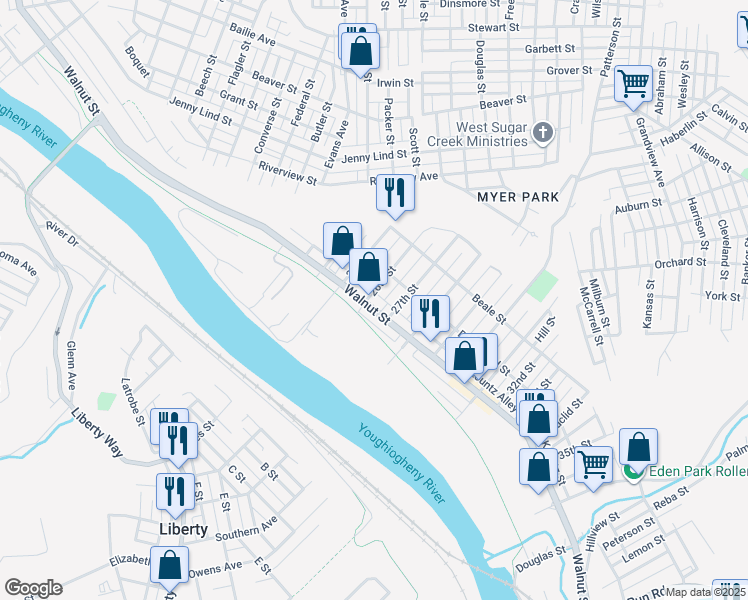 map of restaurants, bars, coffee shops, grocery stores, and more near 2616 Walnut Street in McKeesport