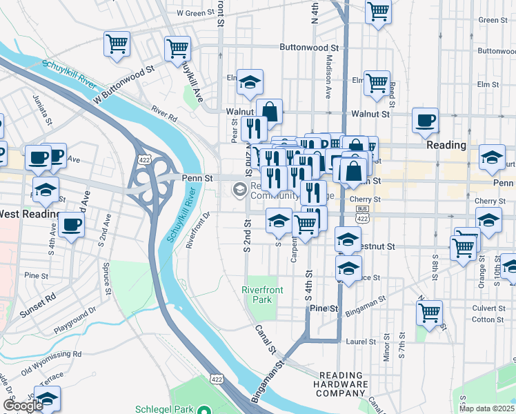 map of restaurants, bars, coffee shops, grocery stores, and more near 232 Franklin Street in Shoemakersville