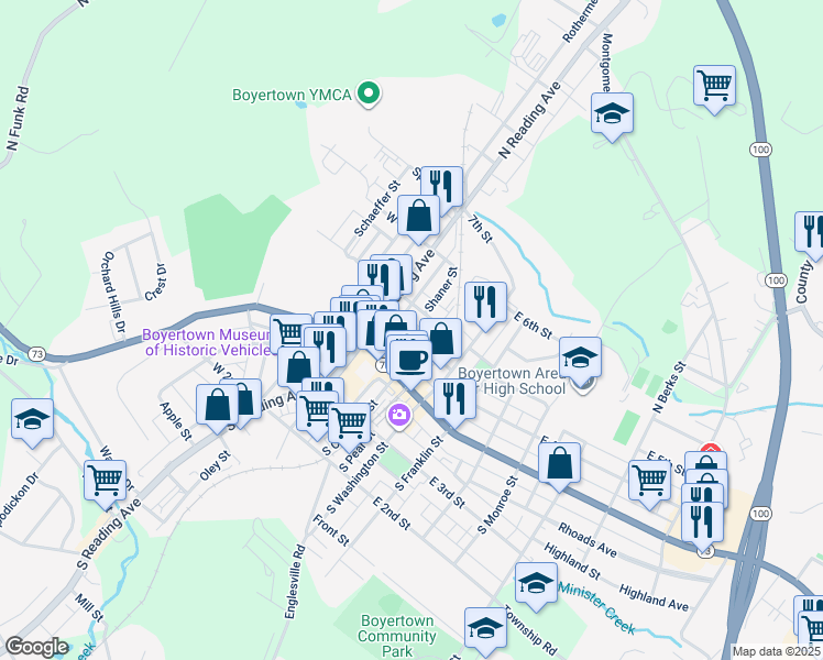 map of restaurants, bars, coffee shops, grocery stores, and more near 29 East 4th Street in Boyertown