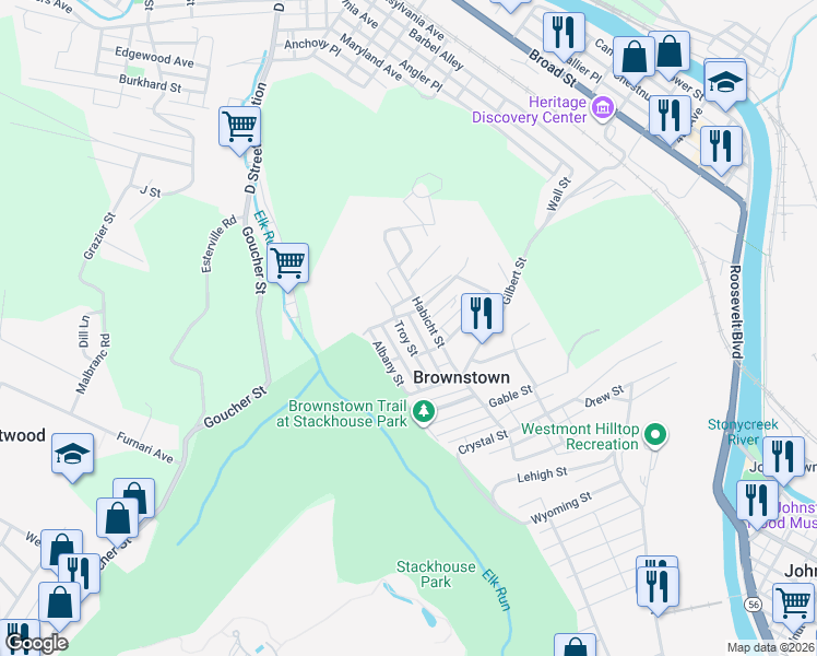 map of restaurants, bars, coffee shops, grocery stores, and more near 329 Troy Street in Johnstown