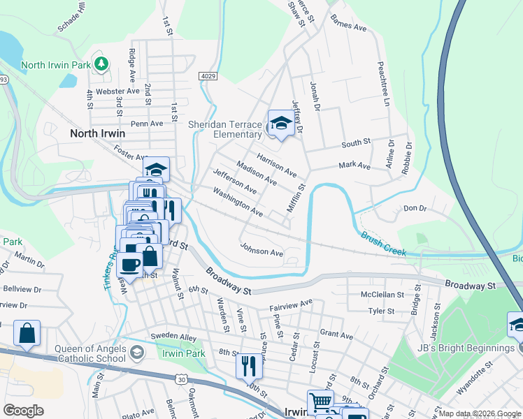 map of restaurants, bars, coffee shops, grocery stores, and more near 10210 Washington Avenue in Irwin