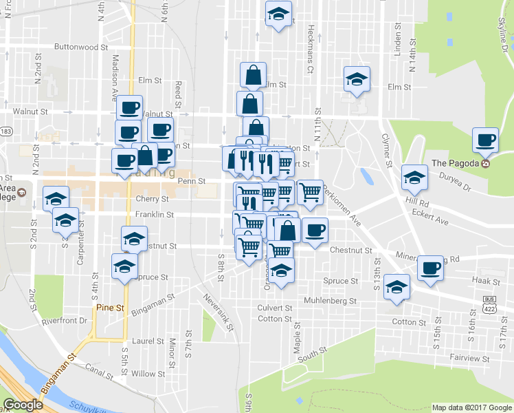 map of restaurants, bars, coffee shops, grocery stores, and more near 37 South 9th Street in Reading