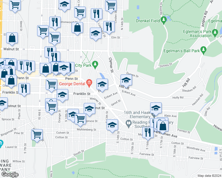 map of restaurants, bars, coffee shops, grocery stores, and more near 1250 Hill Road in Reading