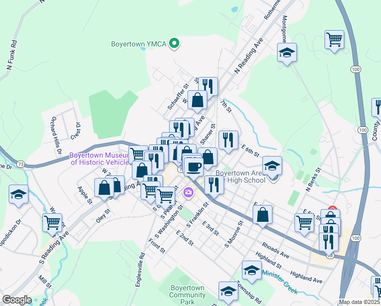 map of restaurants, bars, coffee shops, grocery stores, and more near 25 East 4th Street in Boyertown