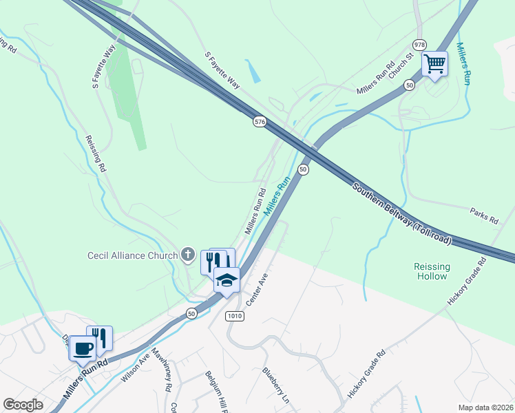 map of restaurants, bars, coffee shops, grocery stores, and more near 812 Millers Run Road in Allegheny County