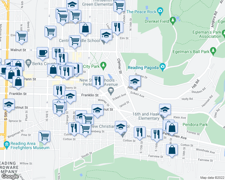 map of restaurants, bars, coffee shops, grocery stores, and more near 1287 Hill Road in Reading
