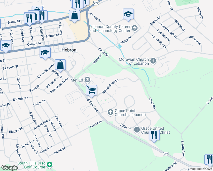 map of restaurants, bars, coffee shops, grocery stores, and more near 189 Wheatstone Lane in Lebanon