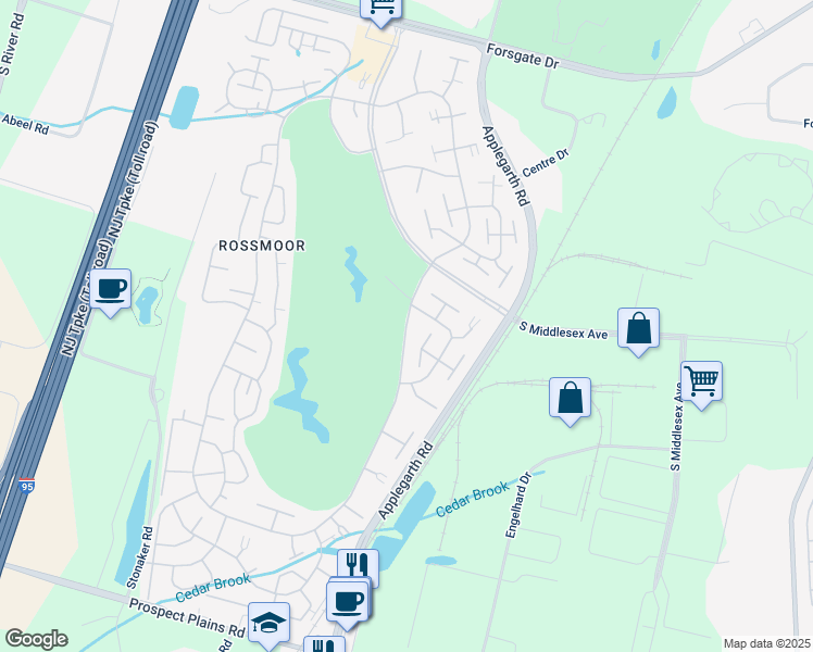 map of restaurants, bars, coffee shops, grocery stores, and more near Old Nassau Road in Monroe Township