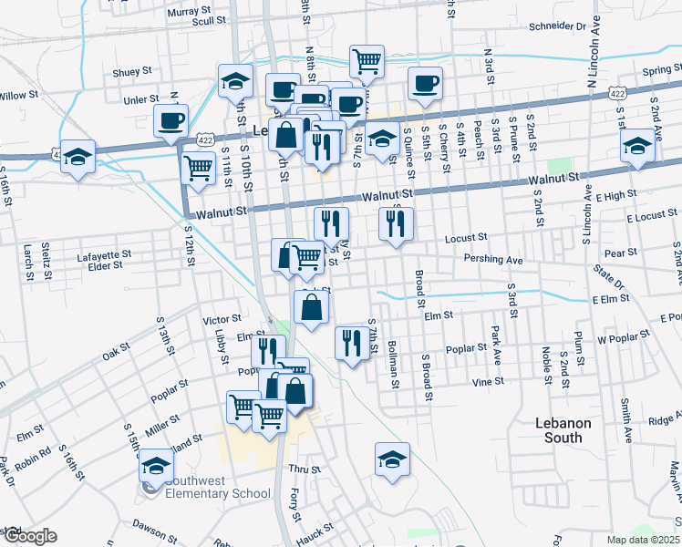 map of restaurants, bars, coffee shops, grocery stores, and more near 332 South 8th Street in Lebanon