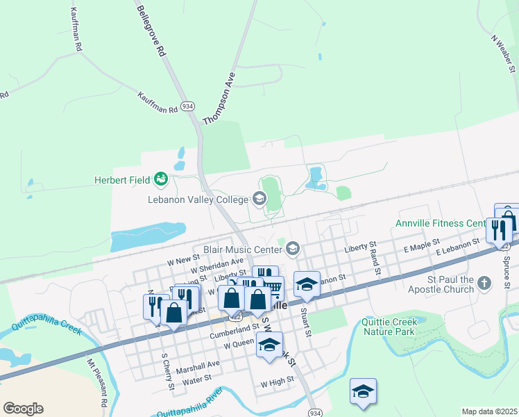 map of restaurants, bars, coffee shops, grocery stores, and more near 101 College Avenue in Annville