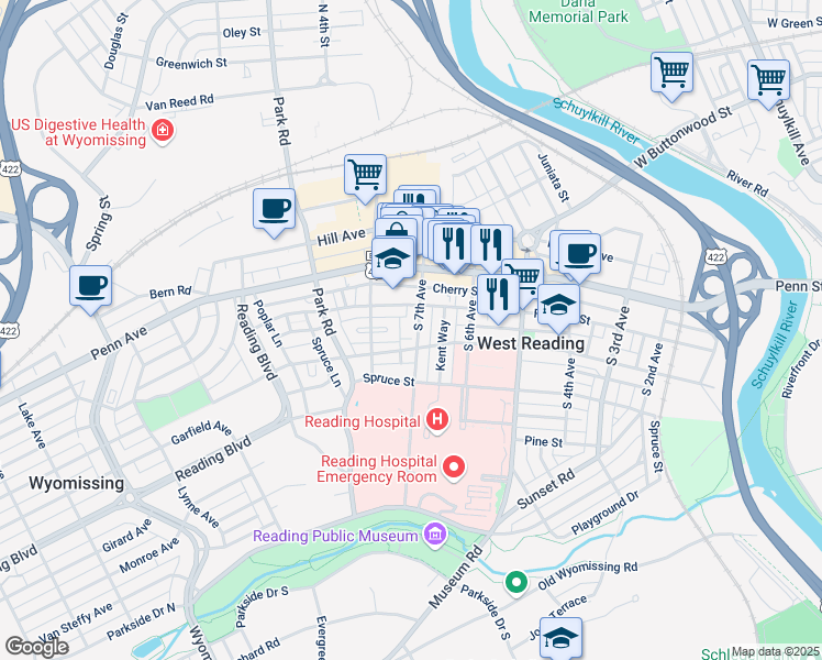 map of restaurants, bars, coffee shops, grocery stores, and more near 704 Wayne Avenue in West Reading