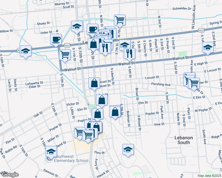 map of restaurants, bars, coffee shops, grocery stores, and more near 332 South 8th Street in Lebanon