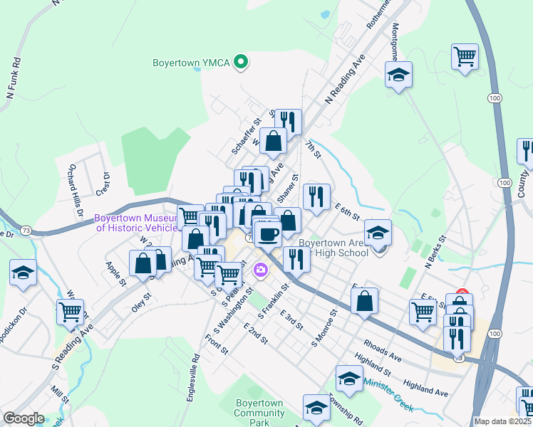 map of restaurants, bars, coffee shops, grocery stores, and more near 25 East 4th Street in Boyertown
