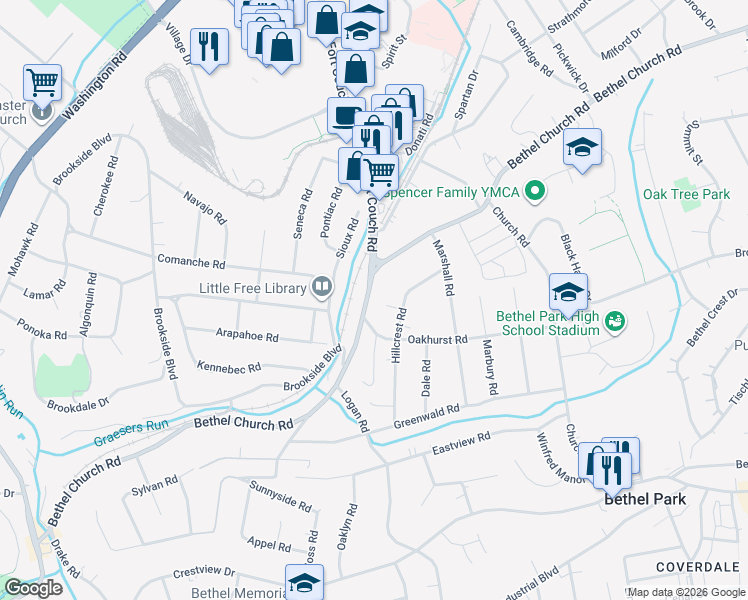 map of restaurants, bars, coffee shops, grocery stores, and more near 3038 Hillcrest Road in Bethel Park