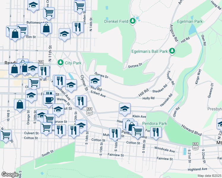 map of restaurants, bars, coffee shops, grocery stores, and more near 1518 Hill Road in Reading