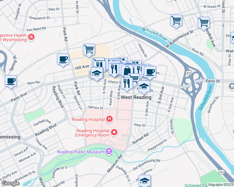 map of restaurants, bars, coffee shops, grocery stores, and more near in West Reading