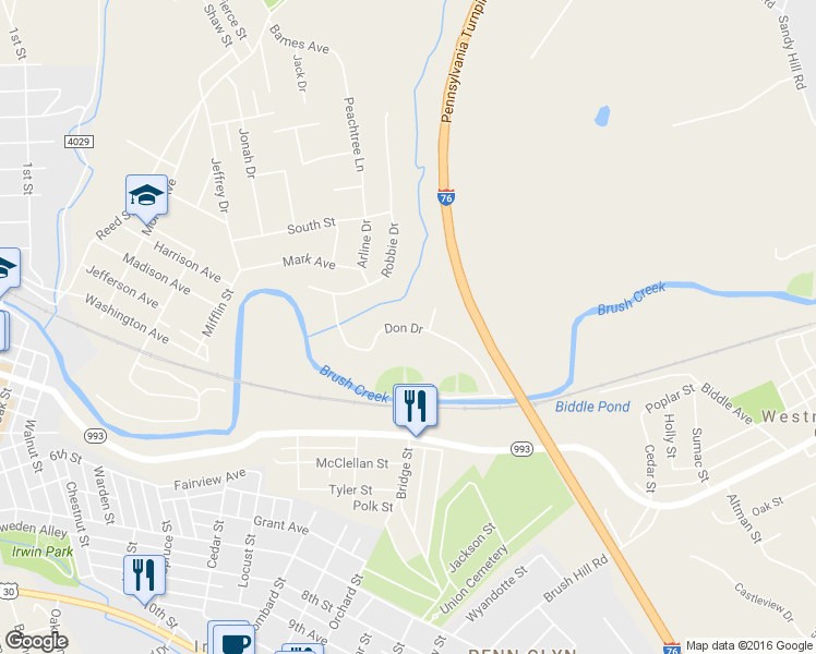 map of restaurants, bars, coffee shops, grocery stores, and more near 9637 Don Drive in Irwin