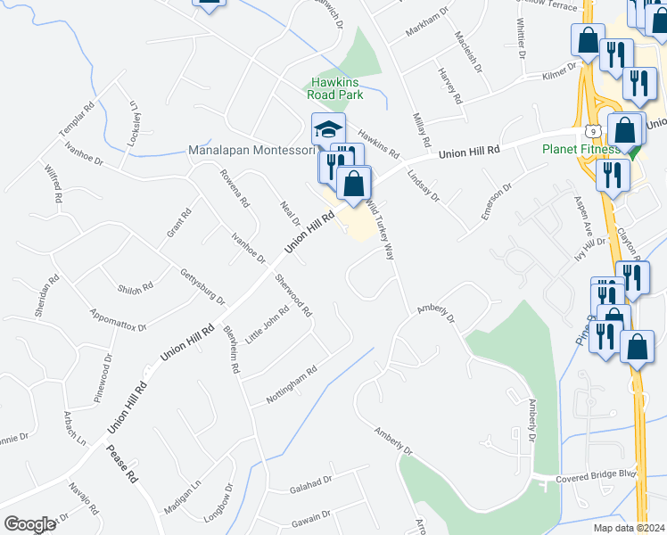 map of restaurants, bars, coffee shops, grocery stores, and more near 39 Nottingham Road in Manalapan Township