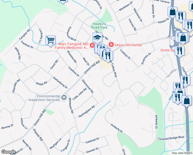 map of restaurants, bars, coffee shops, grocery stores, and more near 39 Nottingham Road in Manalapan Township