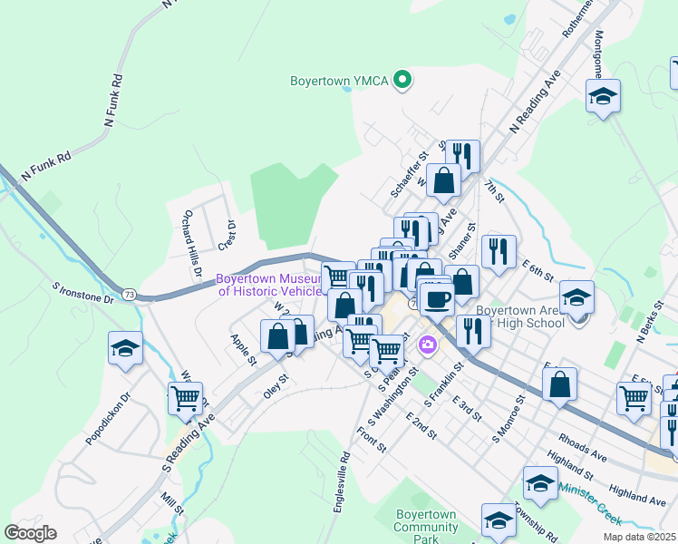 map of restaurants, bars, coffee shops, grocery stores, and more near 28 College Street in Boyertown