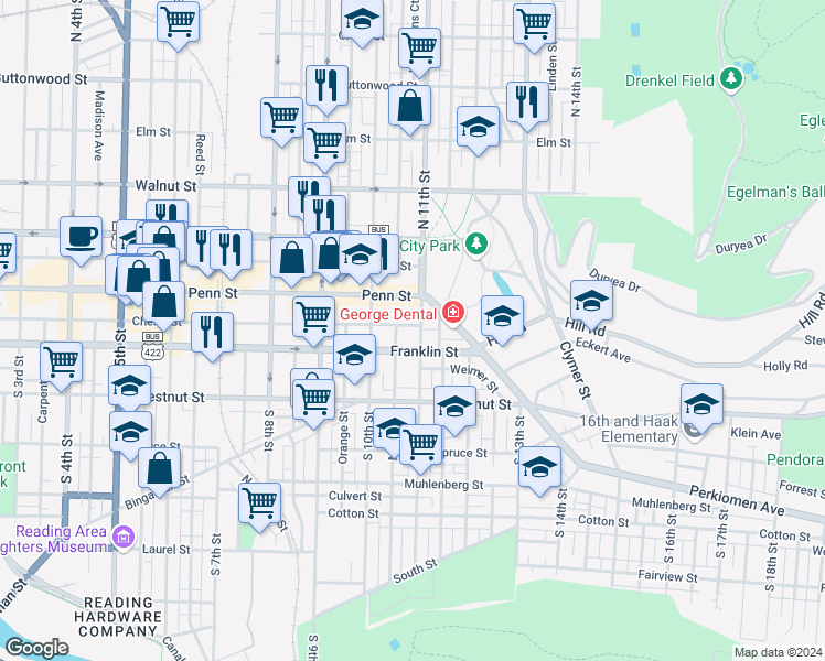 map of restaurants, bars, coffee shops, grocery stores, and more near 30 South 11th Street in Reading